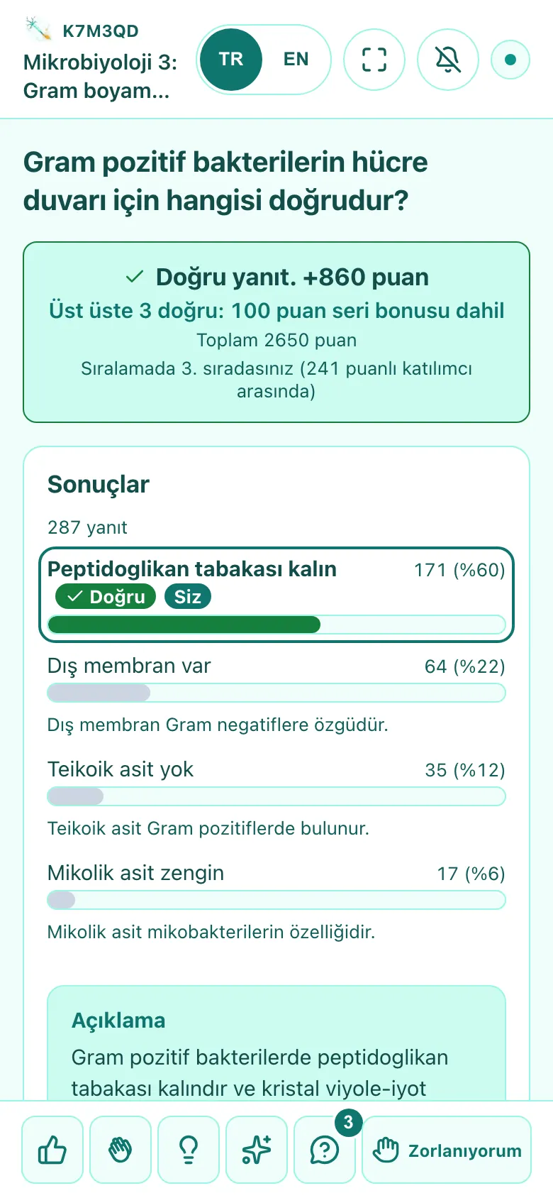 Katılımcının telefonu: yarışma sorusundaki yanıtı doğru, kazandığı puan ve yanıt dağılımı görünüyor.